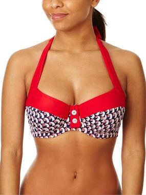 Panache Red Nautical Print Halter Bikini Top